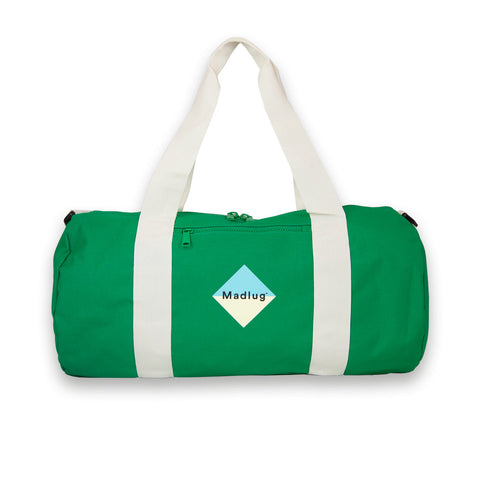 Duffel bag in Green. Front view with logo.