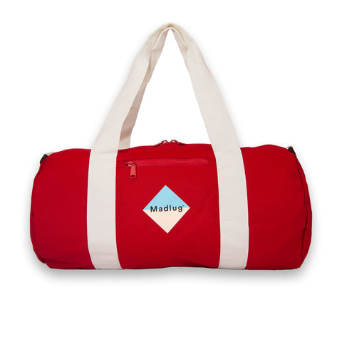 Duffel bag in Red. Front view with logo.