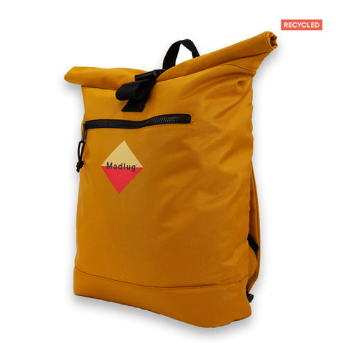 Madlug ECO Roll-Top Backpack in Mustard Yellow. Side view showing bag width.