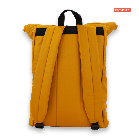 Madlug ECO Roll-Top Backpack in Mustard Yellow. Rear view showing padded straps.