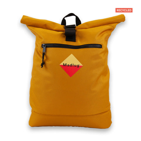 Madlug ECO Roll-Top Backpack in Mustard Yellow. Front view showing iconic logo and front zip pocket.