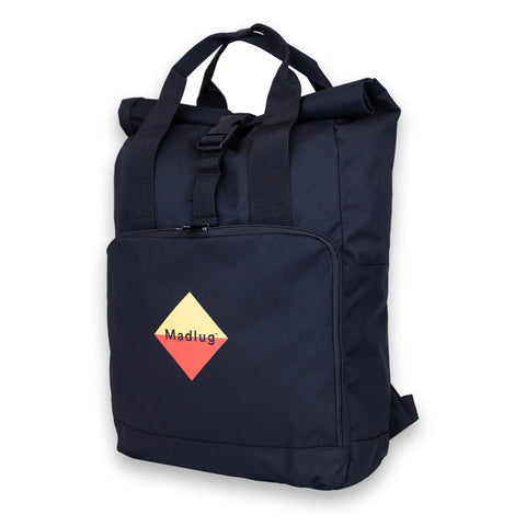 Madlug Roll-Top Backpack in Black. side view.