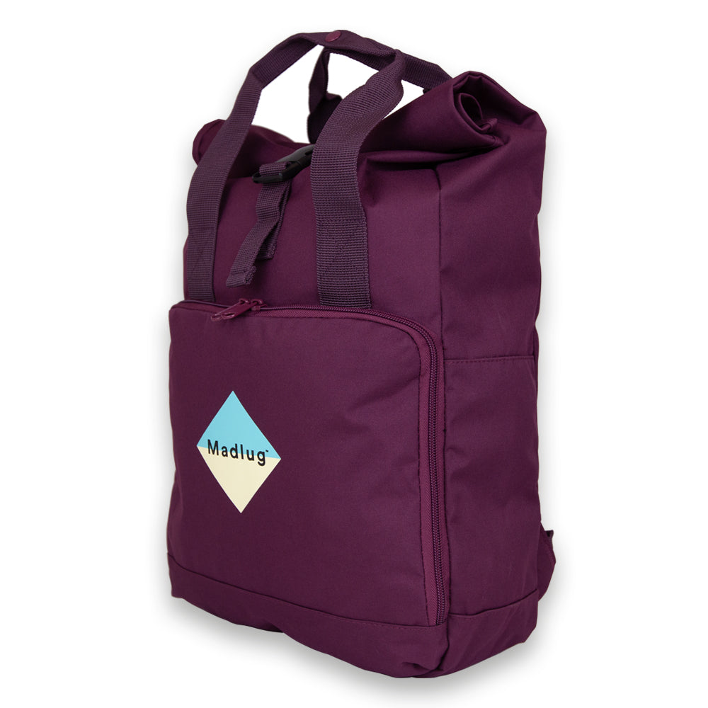 Madlug Roll-Top Backpack in Burgundy. side view.