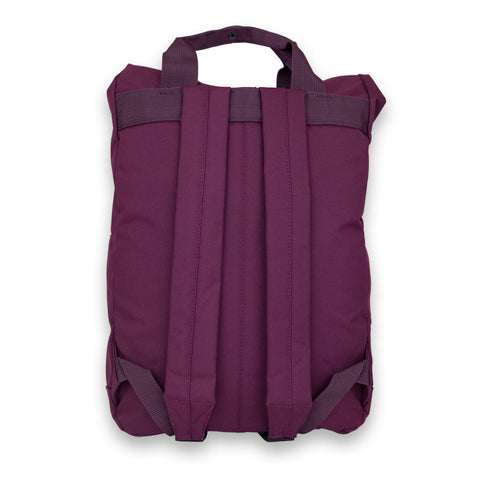 Madlug Roll-Top Backpack in Burgundy. Back panel view.