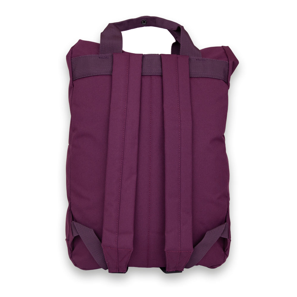Madlug Roll-Top Backpack in Burgundy. Back panel view.