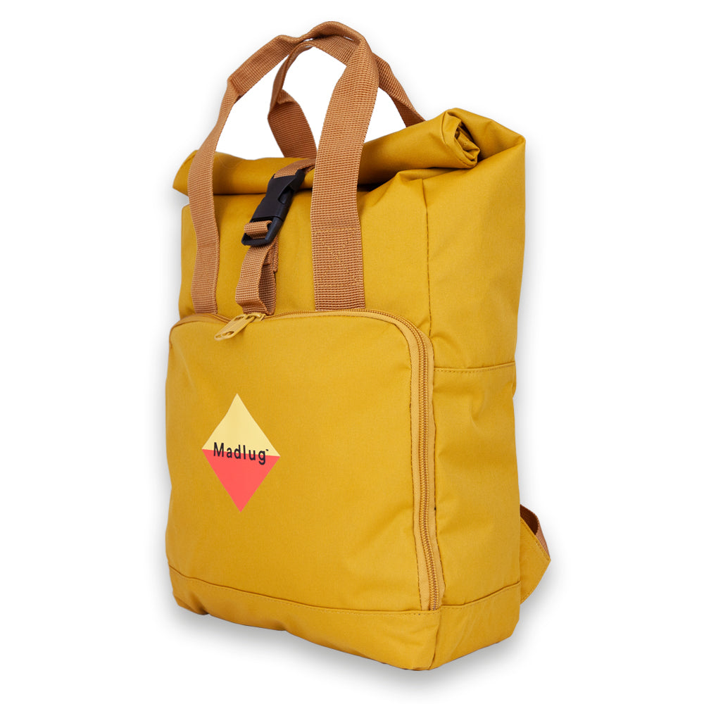 Madlug Roll-Top Backpack in Mustard. side view.