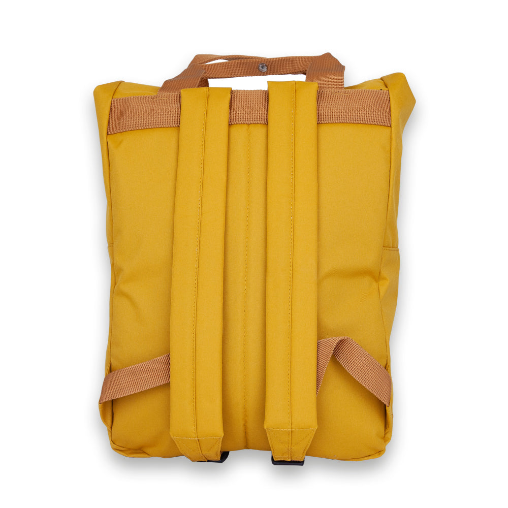 Madlug Roll-Top Backpack in Mustard. Modelled held by carry-handles