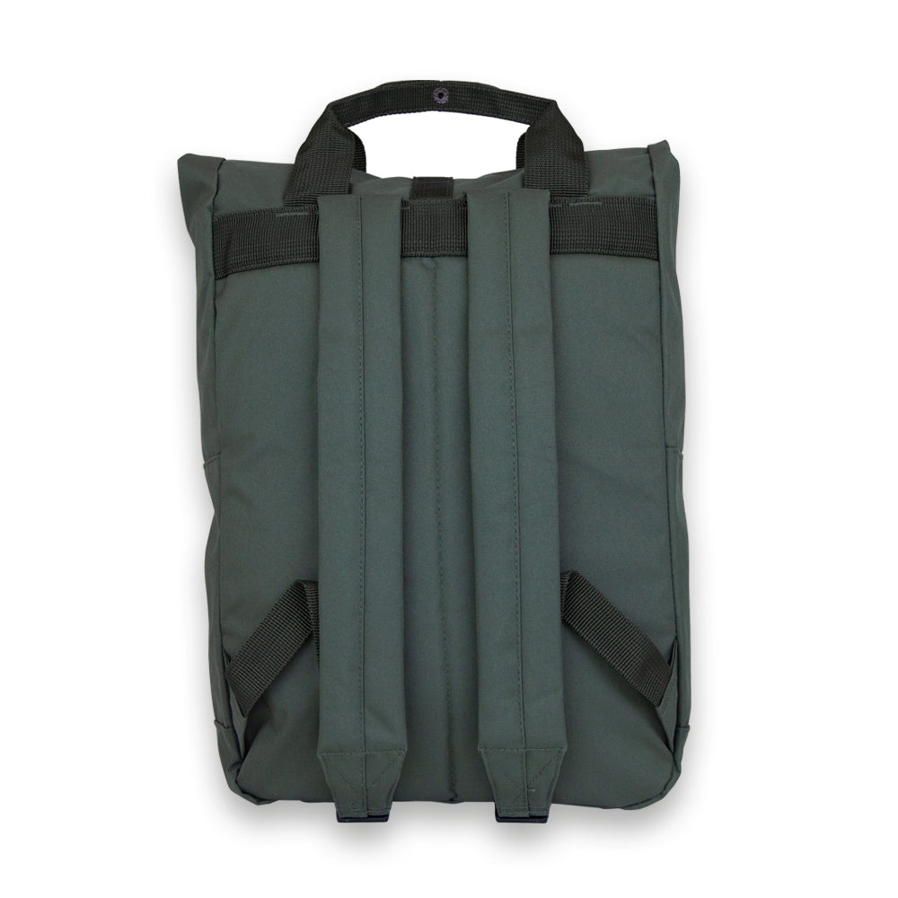 Madlug Roll-Top Backpack in Olive Green. Back panel view showing straps.