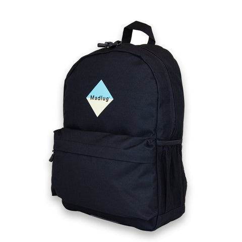 Madlug School Bag in Black. Side view showing extra front pocket.