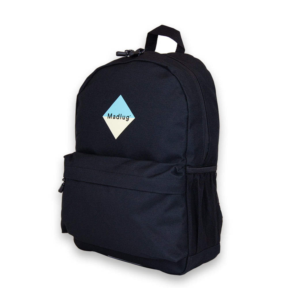 Madlug School Bag in Black. Side view showing extra front pocket.