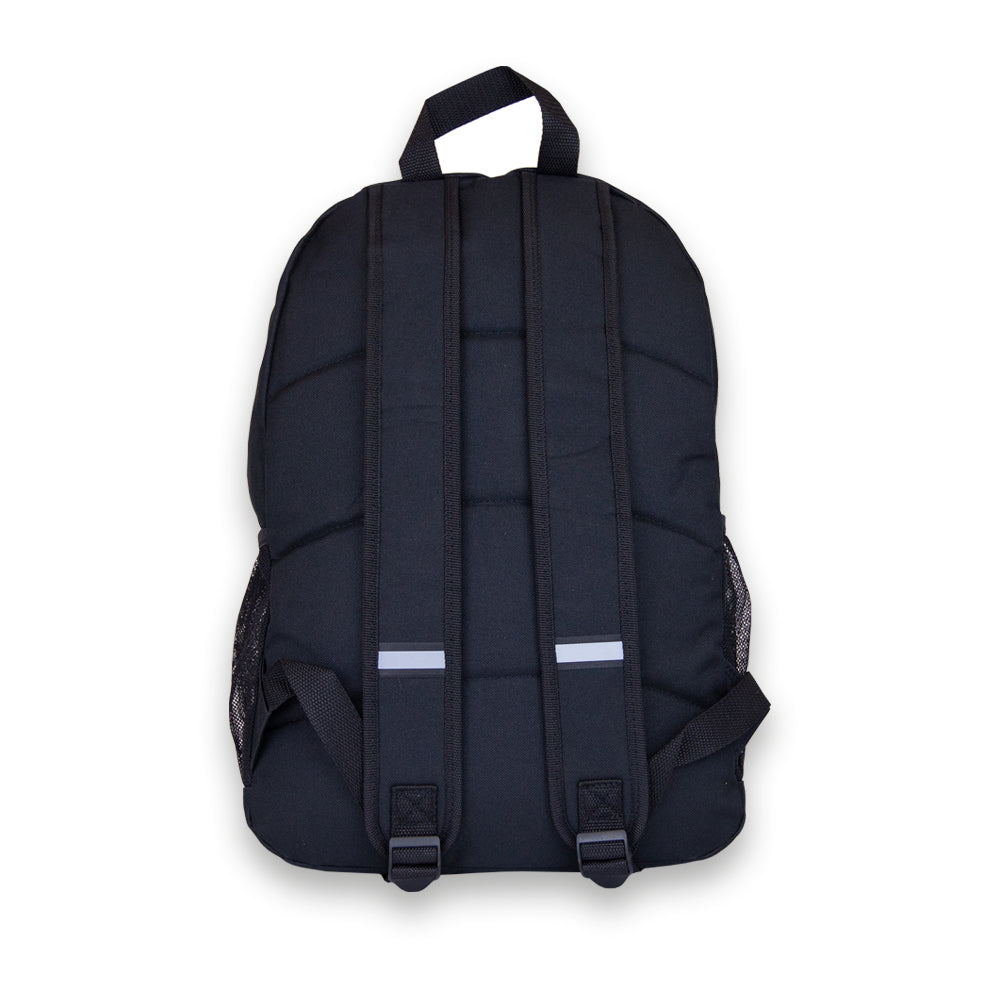 Madlug School Bag in Black. Rear view showing reflective strips on padded straps.