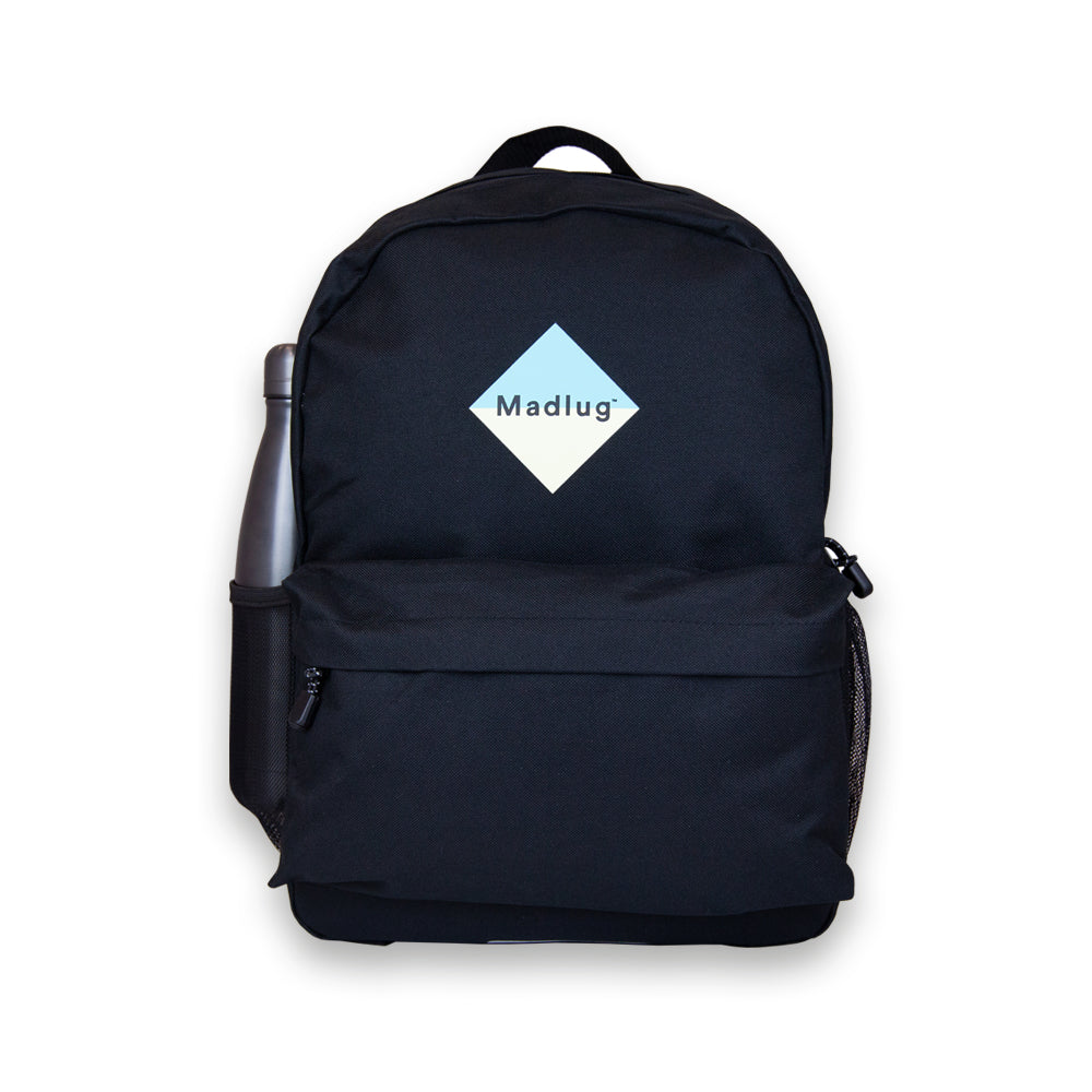 Madlug School Bag in Black. Front view with drinks bottle in side mesh pocket.