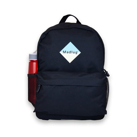 Madlug School Bag in Black. Front view with drinks bottle in side mesh pocket.