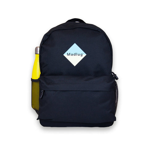 Madlug School Bag in Black. Front view with drinks bottle in side mesh pocket.