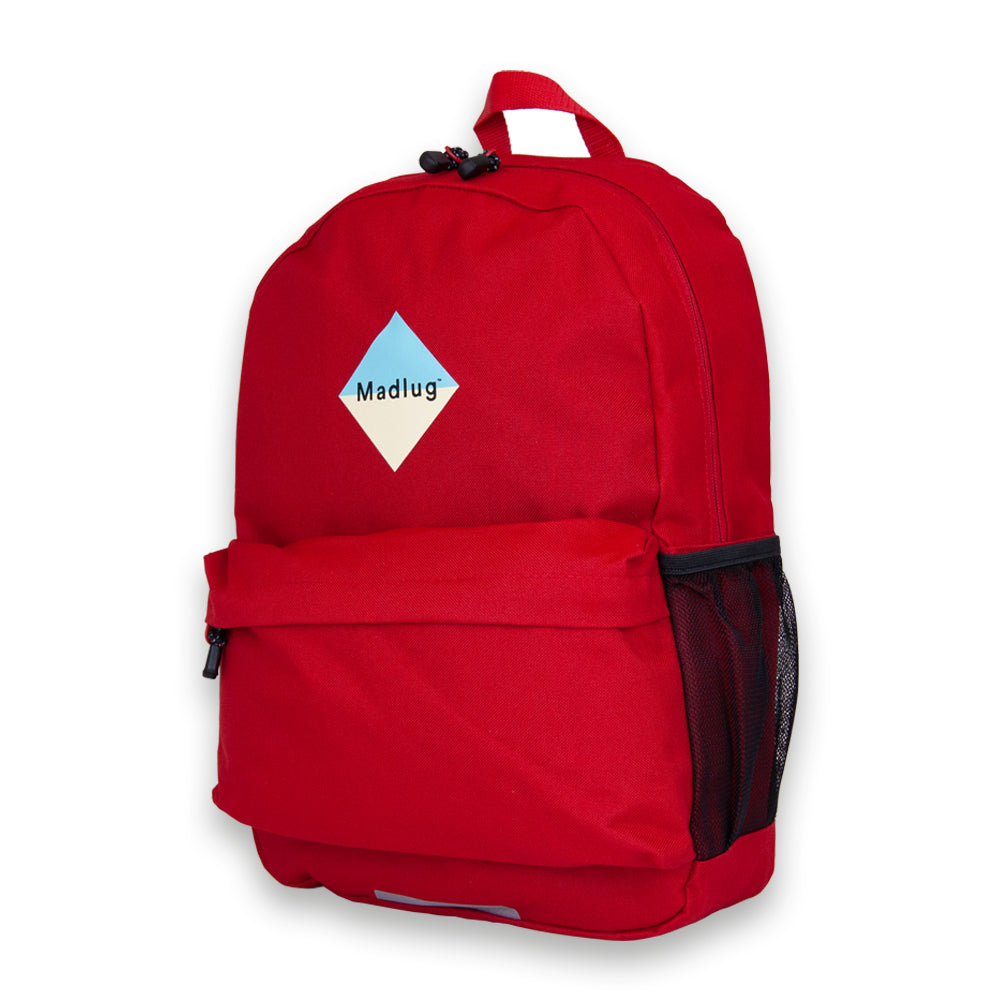 Madlug School Bag in Red. Side view showing extra front pocket.