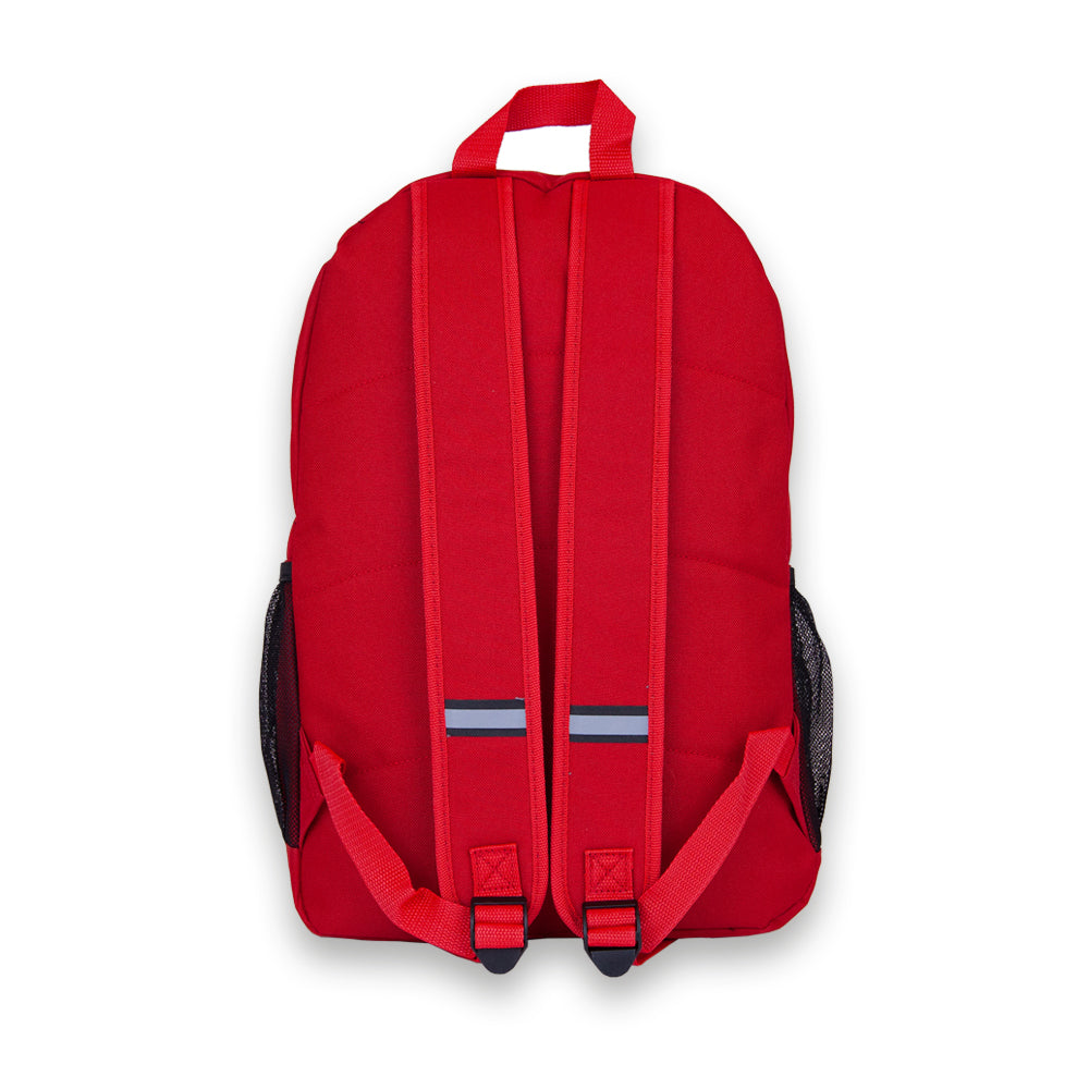 Madlug School Bag in Red. Rear view showing reflective strips on padded straps.