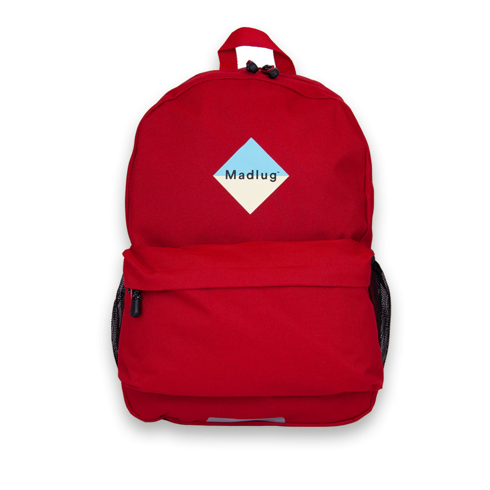 Madlug School Bag in Red. Front view showing iconic logo.