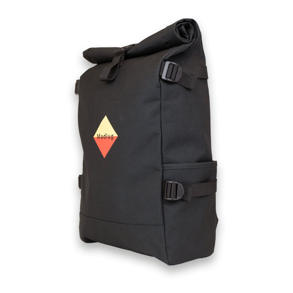 Madlug Roll-Top Backpack for students in Black, Side view showing Side straps and drinks holder.