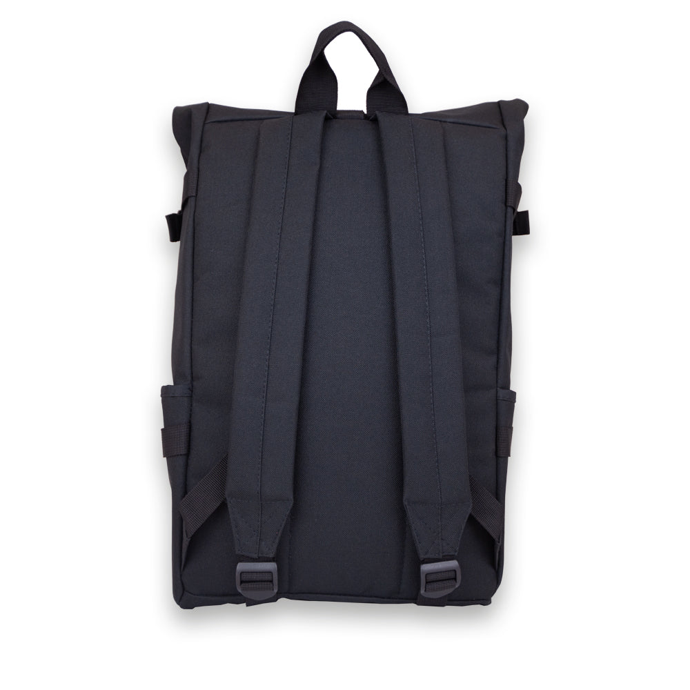 Madlug Roll-Top Backpack for students in Black, Rear view showing adjustable padded straps.