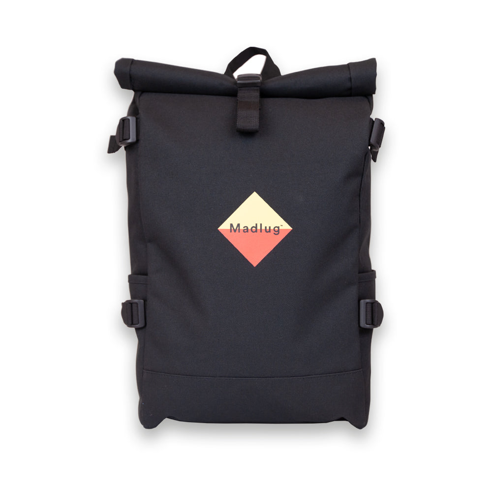 Madlug Roll-Top Backpack for students in Black, Front view showing iconic Madlug logo.
