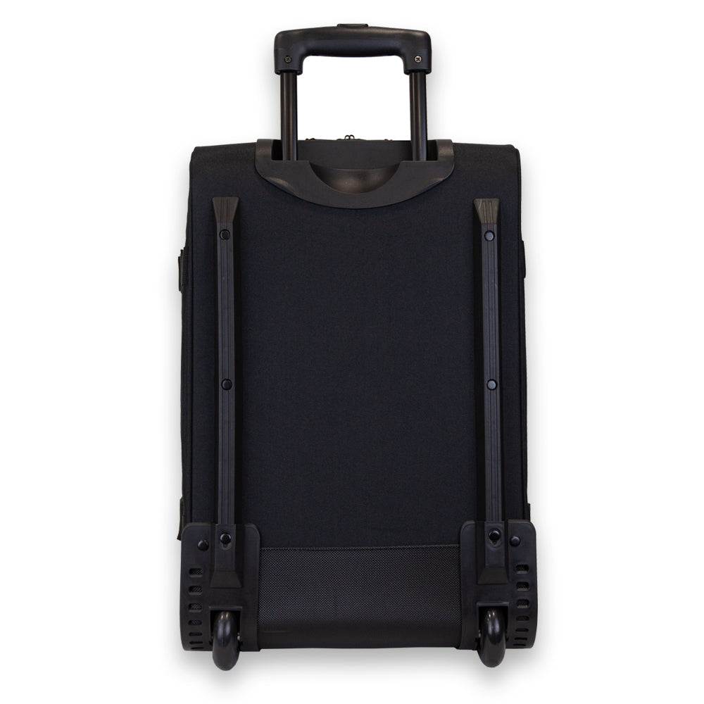 Madlug Black Cabin Suitcase. Rear view showing handle, skate wheels and protection bars.