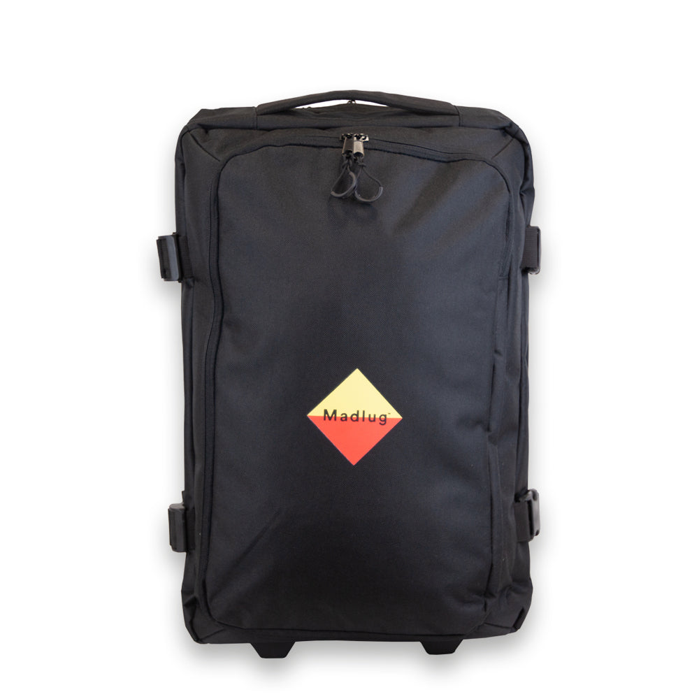 Madlug Black Cabin Suitcase. Front view lockable main zip, carry handle and iconic Madlug logo.