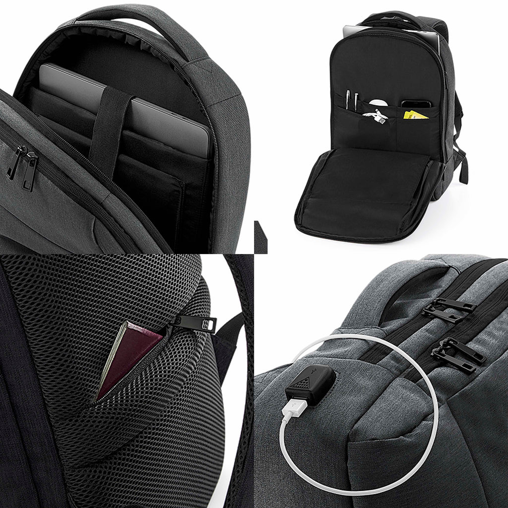 Madlug Tech Backpack in Grey. Mosaic view of features and organisation pockets.