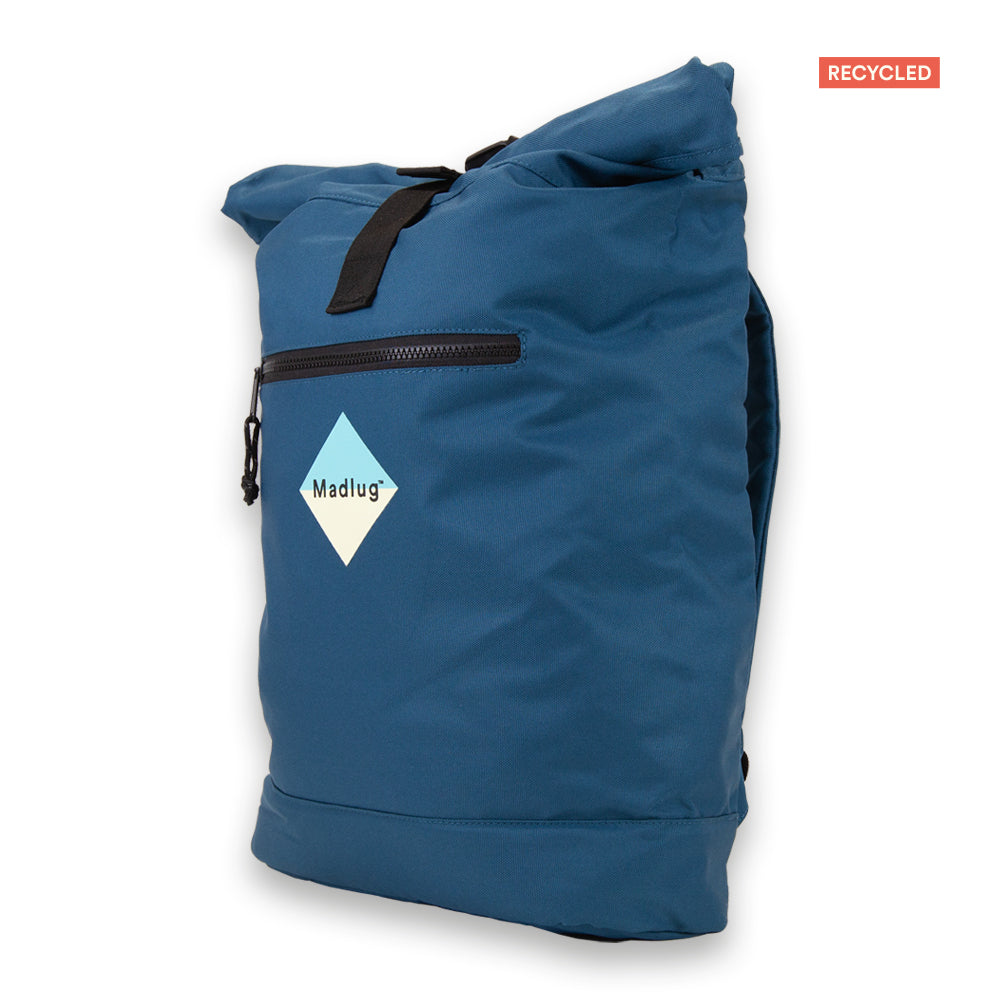 Madlug ECO Roll-Top Backpack in Teal Blue. Rear view showing padded straps.