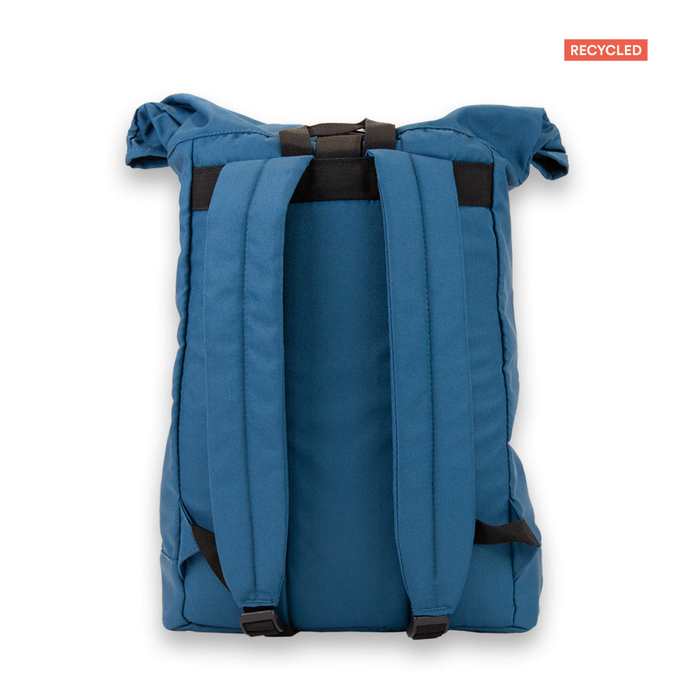 Madlug ECO Roll-Top Backpack in Teal Blue. Side view showing bag width.