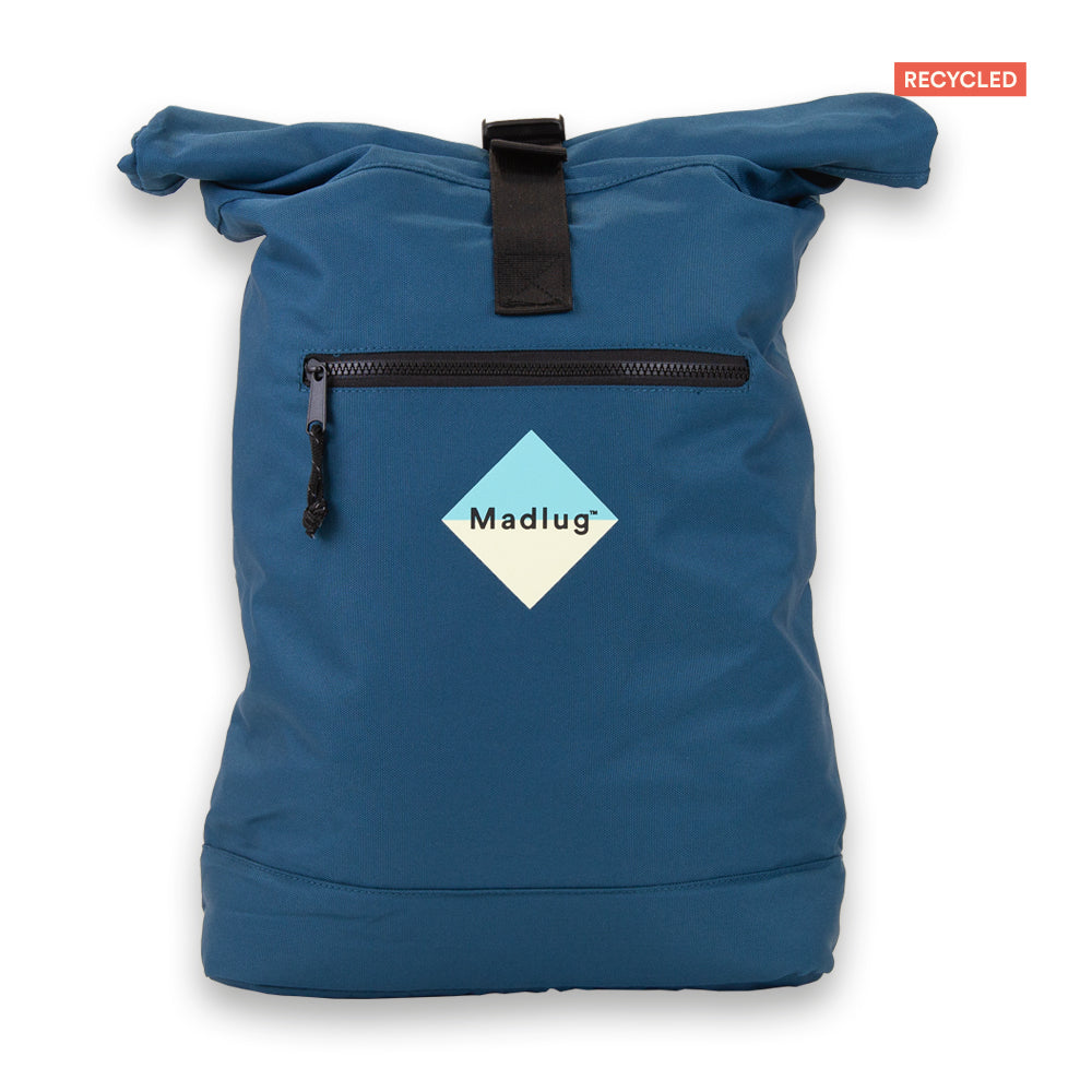 Madlug ECO Roll-Top Backpack in Teal Blue. Front view showing iconic logo and front zip pocket.